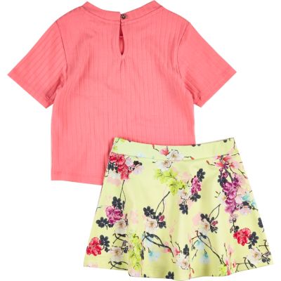 Mini girls coral pink top floral skirt outfit